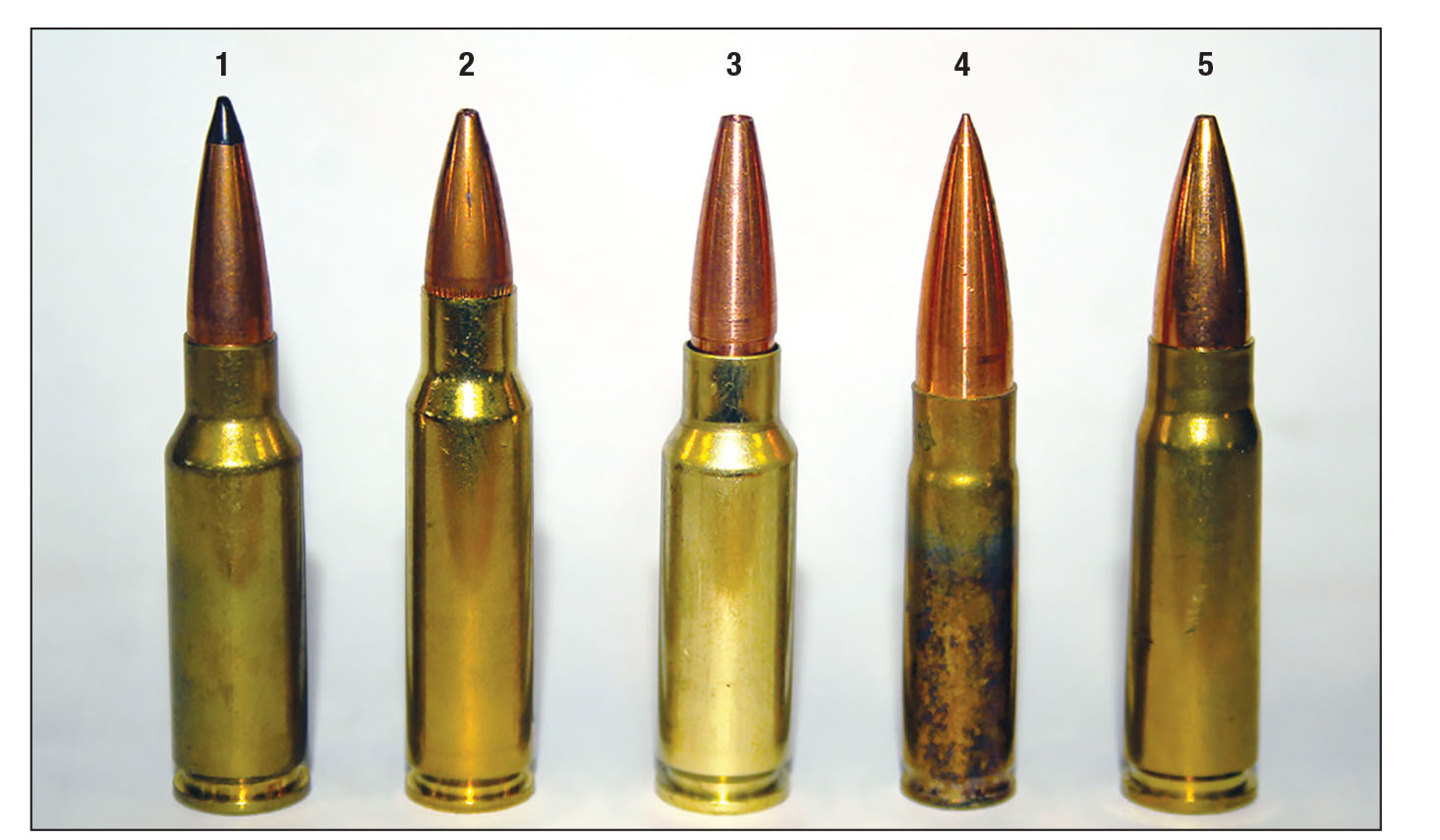 Five gas-gun cartridges are shown for comparison, including the (1) 6.5 Grendel, the (2) 6.8 Remington SPC, the (3) 28 York being discussed here, the (4) 300 Blackout and the (5) 7.62x39mm Soviet.